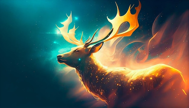 Golden deer in the sky illustration opulent digital paintings of abstract art for wallpaper Generative AI