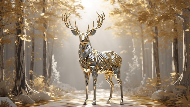 golden deer stands in a snowy forest The deer is made of geometric shapes and the trees are white