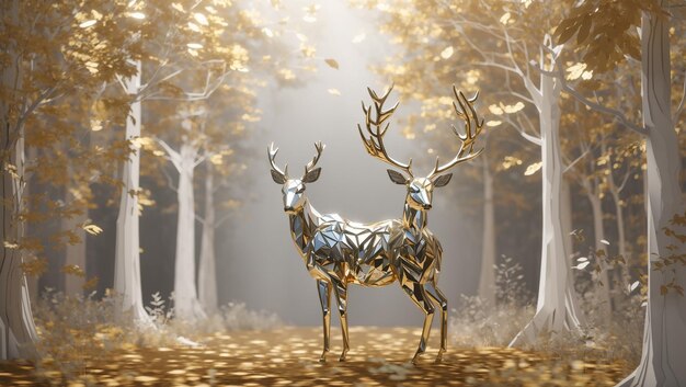 golden deer stands in a snowy forest The deer is made of geometric shapes and the trees are white