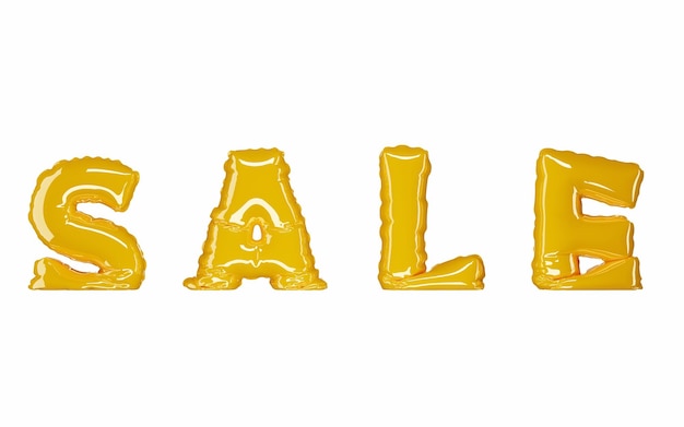 Golden deflated foil balloons letters SALE on isolated white background special offer Glossy yellow helium balls inflate for seasonal discount or black friday 3d illustration mock up banner