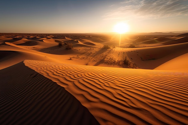 Golden desert burning sun over dunes cacti and hot skies generative IA