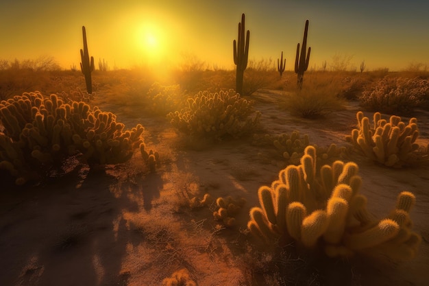 Golden desert dotted with towering cacti under the blazing sun generative IA