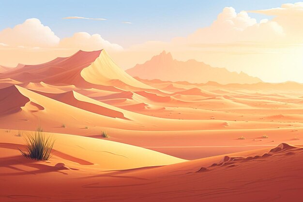 Golden desert landscape with sand dunes at sunset