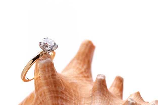 Golden Diamond Ring on Seashell