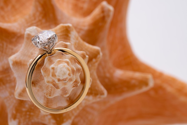 Golden Diamond Ring on Seashell