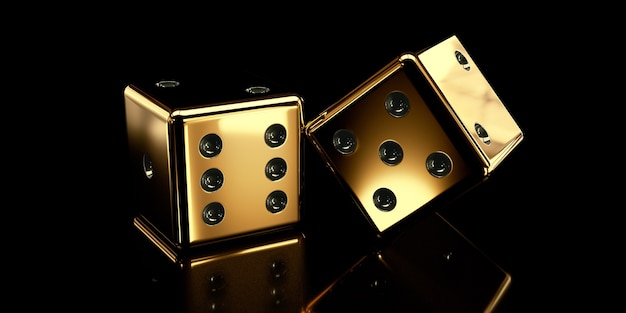 Golden dice on dark surface