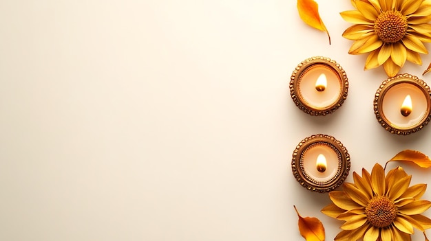 Photo golden diyas with warm glow and festive bokeh