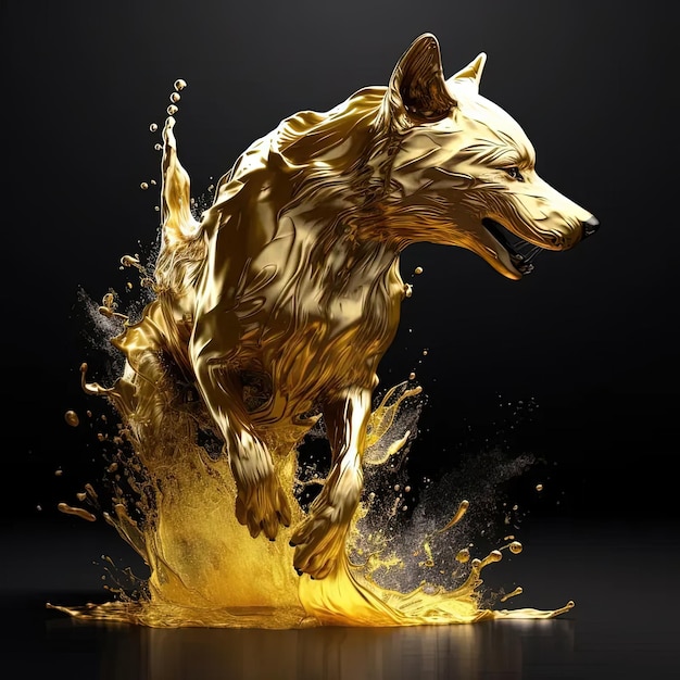 A golden dog is running through the water