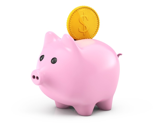 Golden dollar coin falling into a pink piggy bank on a white background