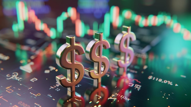 Golden dollar signs over a dynamic stock market display illustrating financial growth investment