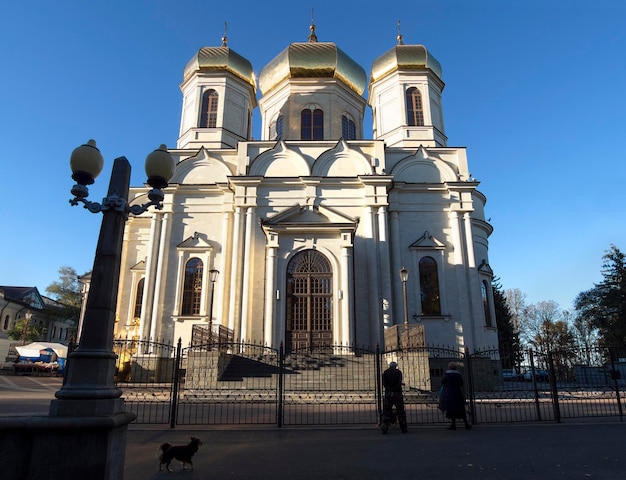 Golden domes bell tower and Cathedral temple church of the Kazan Icon  in city Stavropol Russia