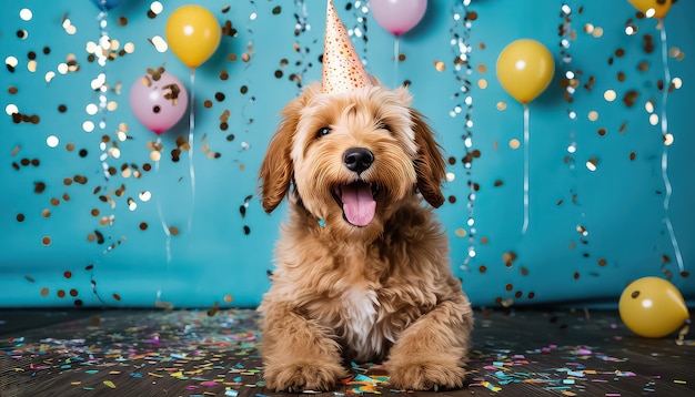 golden doodle puppy enjoying a happy birthday