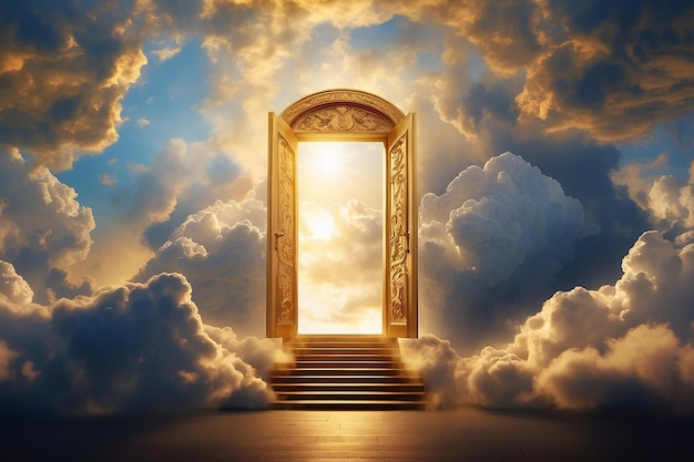 Golden door in the clouds with stairway to heaven