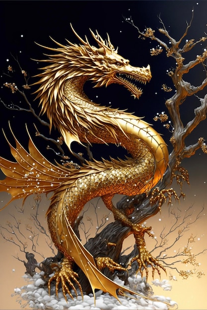 Golden dragon sitting on top of a tree generative ai