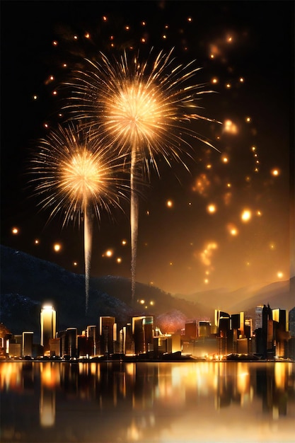 Golden Dramatic Fireworks and bokeh in New Year eve