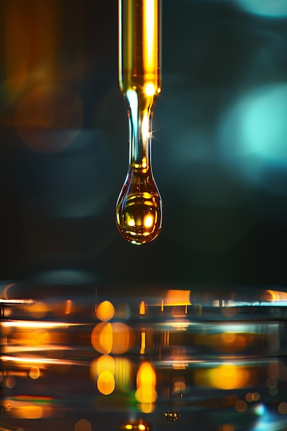 Golden droplet descending into glass container