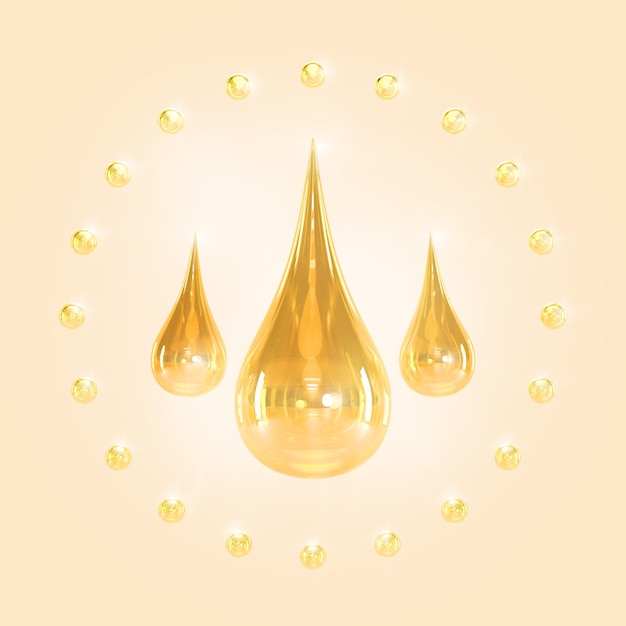 Golden drops of oil serum droplets or honey on beige background 3d render Circle of clear bubbles or gold pearls with liquid yellow drips cosmetic Mockup banner argan or jojoba oil