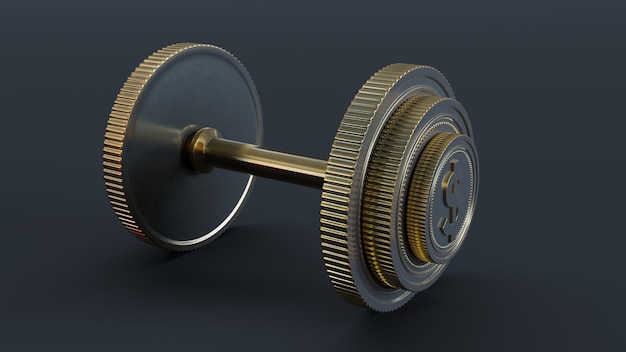 Golden dumbbell made of a dollar coin on a dark background golden dollar dumbbell concept Business concept 3D render