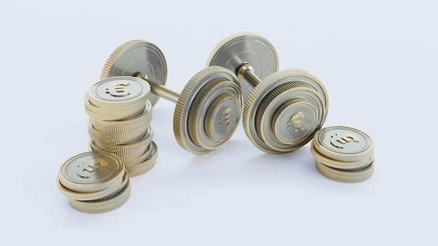 Golden dumbbell made of a euro coins golden euro dumbbell concept Business concept 3D render