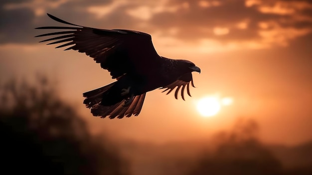 Golden eagle Aquila chrysaetos flying in the air with mountain and highland forest background evening sunset golden hour