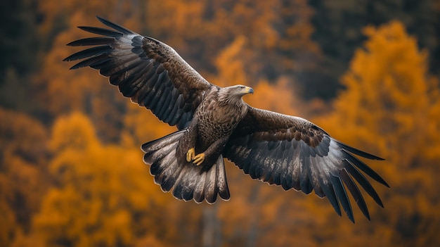 a golden eagle flies over a forest with a forest background