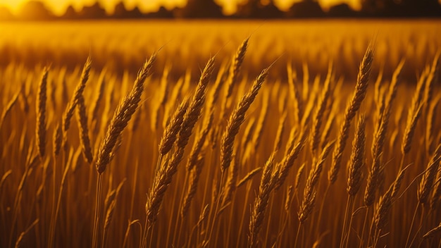 Golden ears of wheat in the field at sunset Shallow depth of field