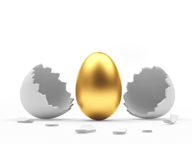 Golden Easter egg hatched from a broken white egg shell