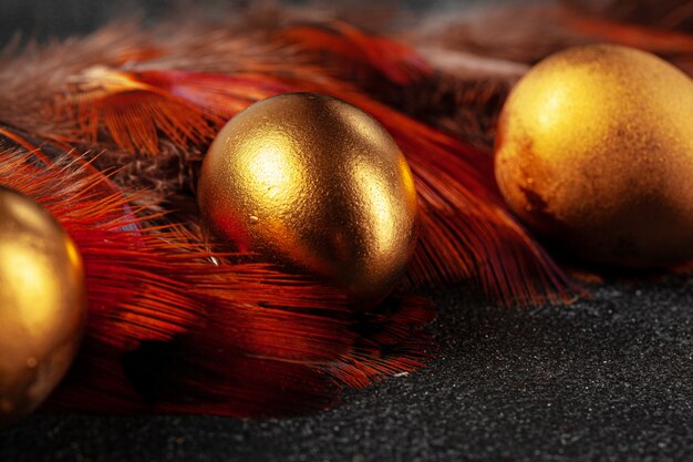 Golden Easter eggs on red bird feathers close up