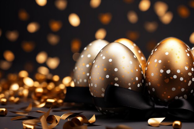 Golden Easter eggs with black ribbon and confetti on dark background