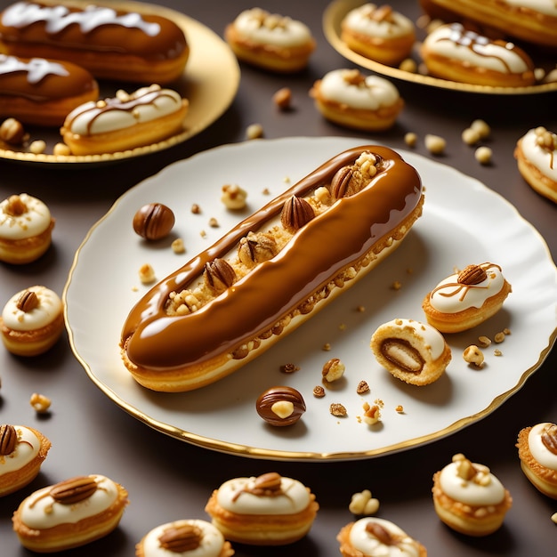 golden eclairs filled with creamy hazelnut praline topped with a luscious caramel drizzle