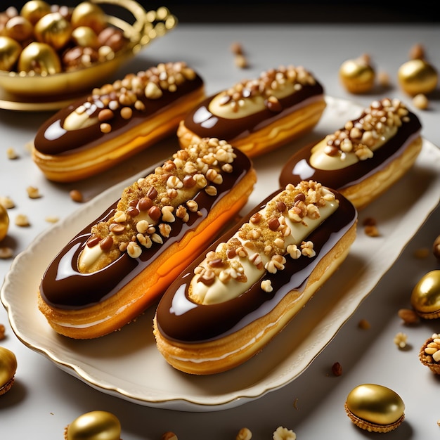 golden eclairs filled with creamy hazelnut praline topped with a luscious caramel drizzle