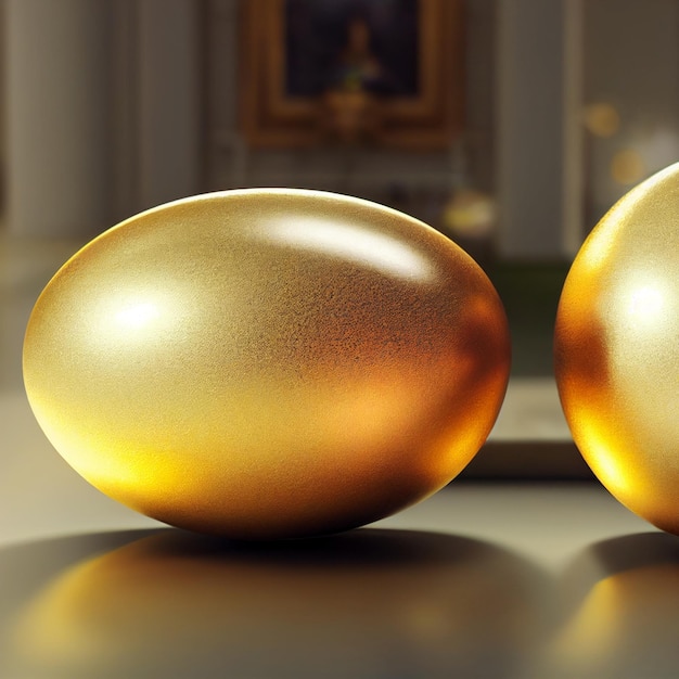 Golden egg closeup on the table against the background of the castle