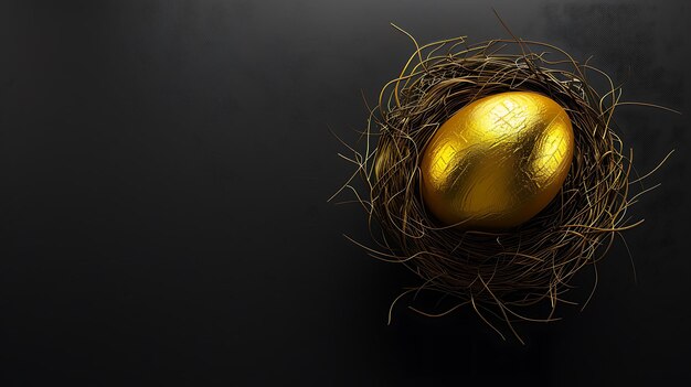 Golden Egg in Nest on Black Background