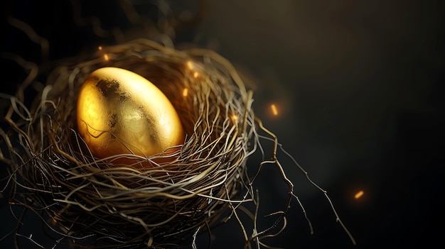 A Golden Egg Nestled in a Nest of Twigs with Bokeh Lights