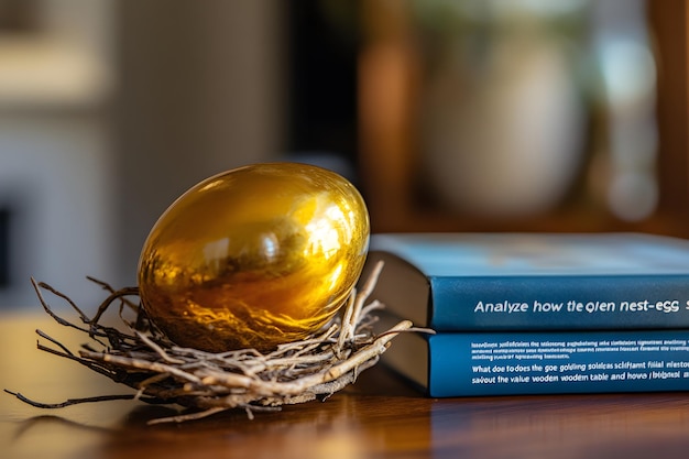 Photo golden egg nestled in a twigs nest with blue book