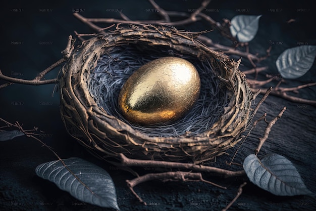 Golden egg resting in a nest made up of twigs and branches The egg which appears to be made of solid gold has intricate details etched on its surface Generative AI