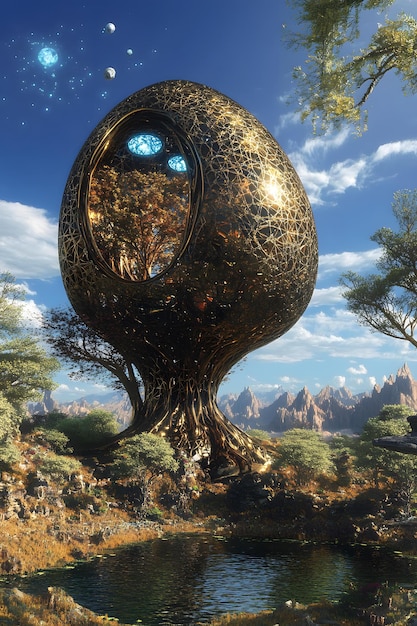 Photo golden egg treehouse in a fantasy landscape