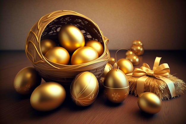 Golden eggs in a basket on a wooden table