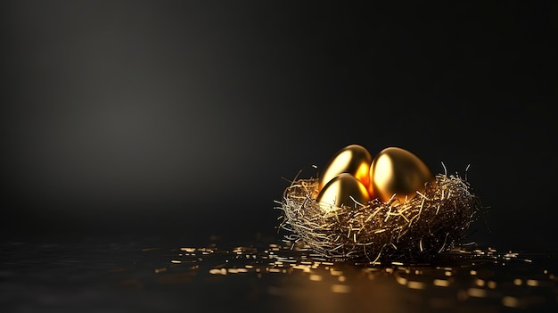 Golden Eggs in a Nest on a Black Background