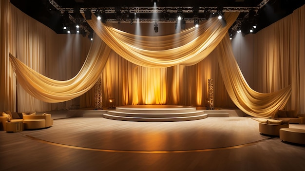 Golden Elegance on Stage Luxurious Drapes and Lights