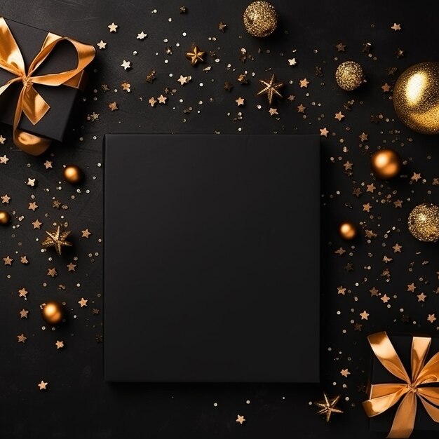 A golden elements and some black gift boxes on dark black background