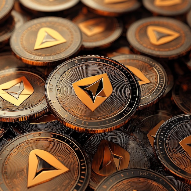 Photo golden ethereum coins on a dark background 3d illustration