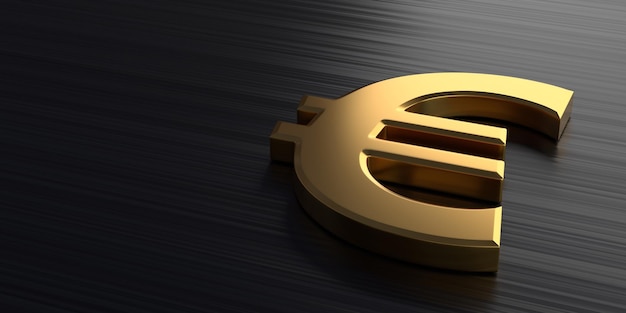 Golden euro sign lies on a dark chrome background 3D render illustration