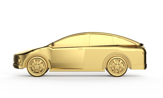 Golden ev car or metallic gold electric vehicle on white background