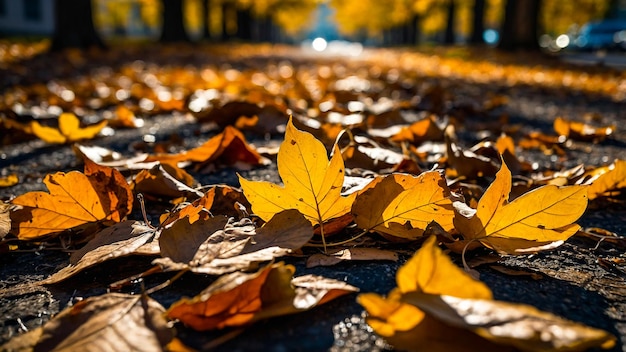 Golden fallen leaves lying on a street on an autumn day generated by AI