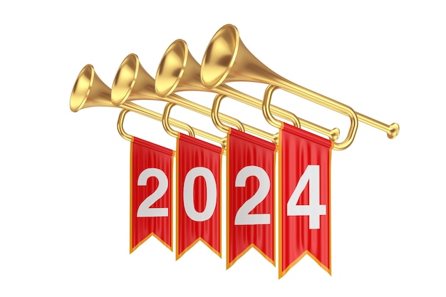 Golden Fanfare Trumpets with 2024 New Year Red Flags on a white background 3d Rendering