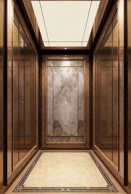 Golden fashion lift doors Office hallway with closed half closed and open elevator cabinsoffice building elevator 3D render 3D image Inside the elevator