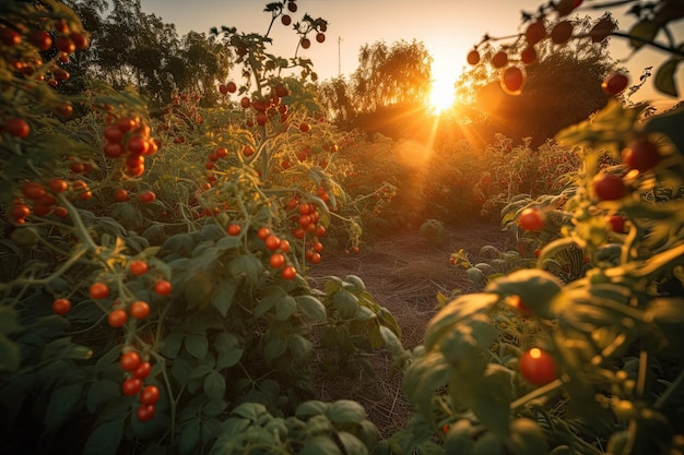 Golden field filled with ripe tomatoes Butterflies and bees complete the scene generative IA