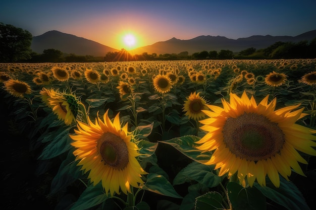 Golden field of sunflowers bathed in sunlight generative IA