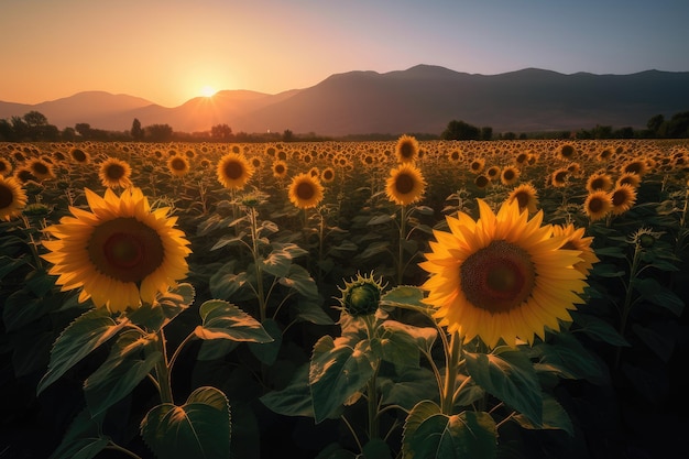 Golden field of sunflowers bathed in sunlight generative IA